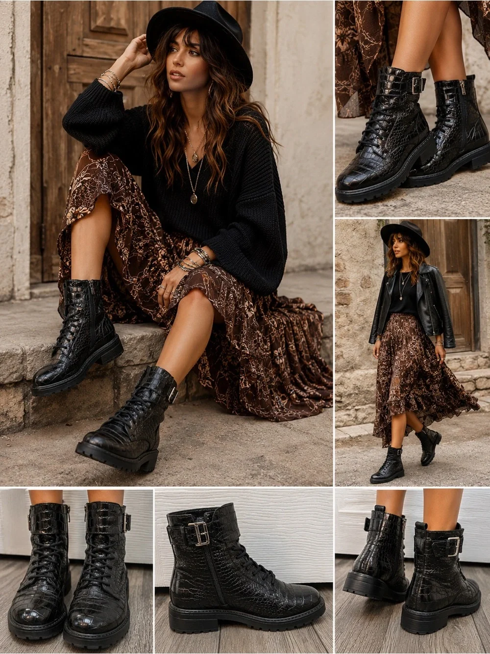 Black Croc Embossed Combat Boots Buckle Lace Up Ankle Boots Size 10 - Picture 1 of 12